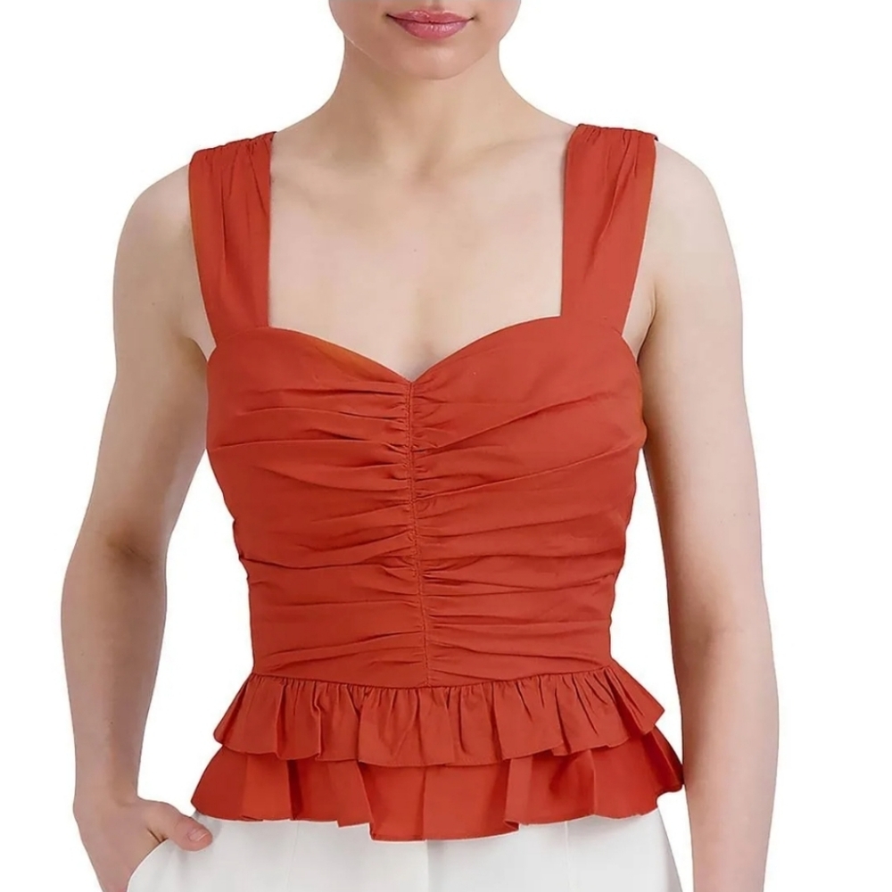BCBG Maxazria Sweetheart Neck Ruched Peplum Top Size Small